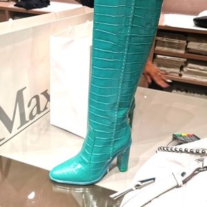 Knee High boots MaxMara Runway, Teal, Size 5, size 35, Genuine Leather, Beboot,